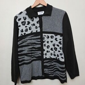 Alfred‎ Dunner Womens Cardigan Sweater M Black Gray Animal Print Button Up